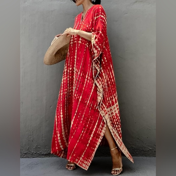 Red Tie Dye Hippie Boho Kaftan Long Loose Maxi Dress Bohemian V Neck Caftan New - Picture 6 of 13